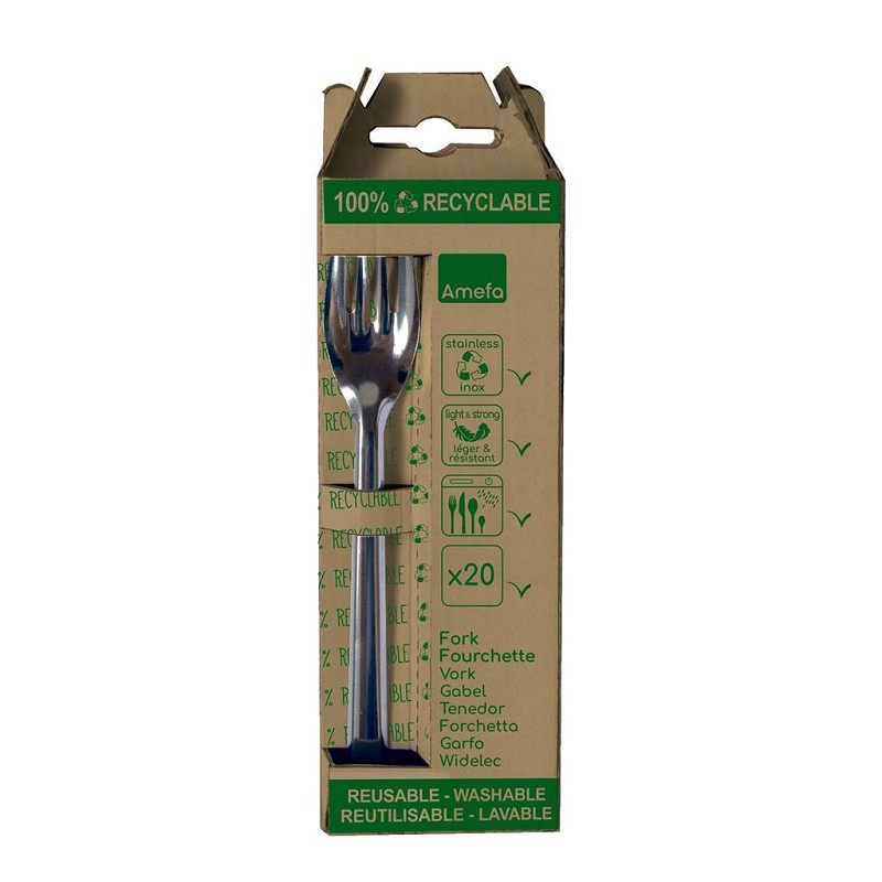 Lot de 20 fourchettes de table réutilisables Amefa Leaves dans une boîte artisanale suspendue