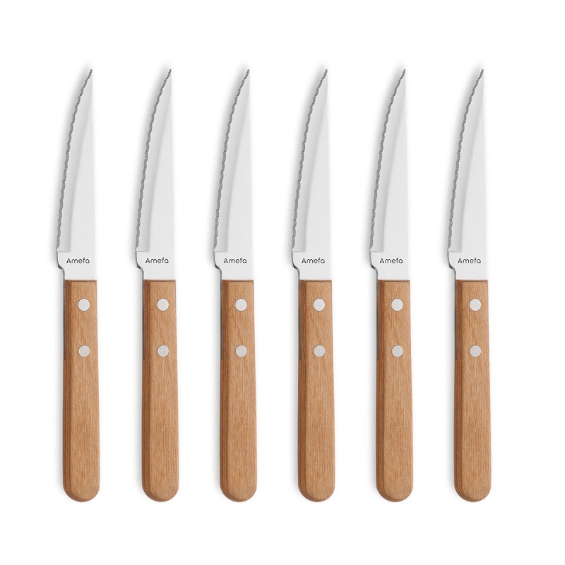 Amefa 7000 Pizza Wood 6 couteaux à steak bois sur blister/ 6 steakmessen hout op hangkaart